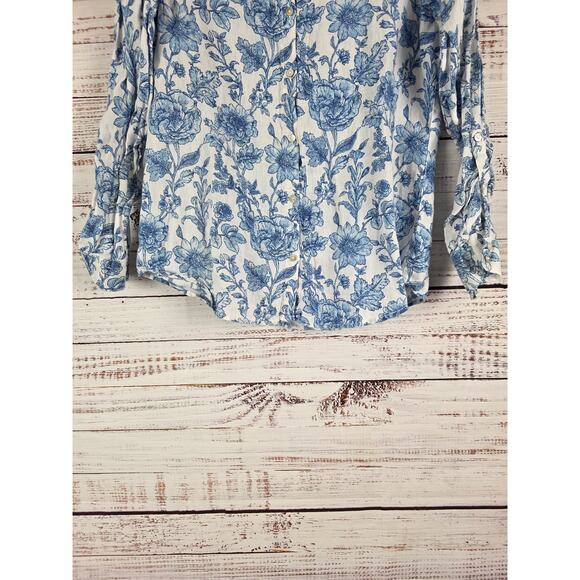Rachel Zoe Button Front Top M Womens 100% Linen White Blue Floral Long Sleeve - Picture 3 of 7